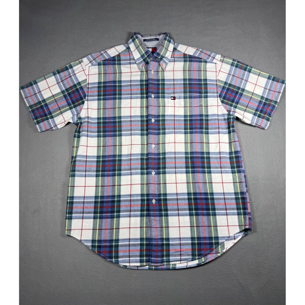 Vintage‎ Tommy Hilfiger Shirt Mens M Plaid Short Sleeve Flag Logo Cotton 90s